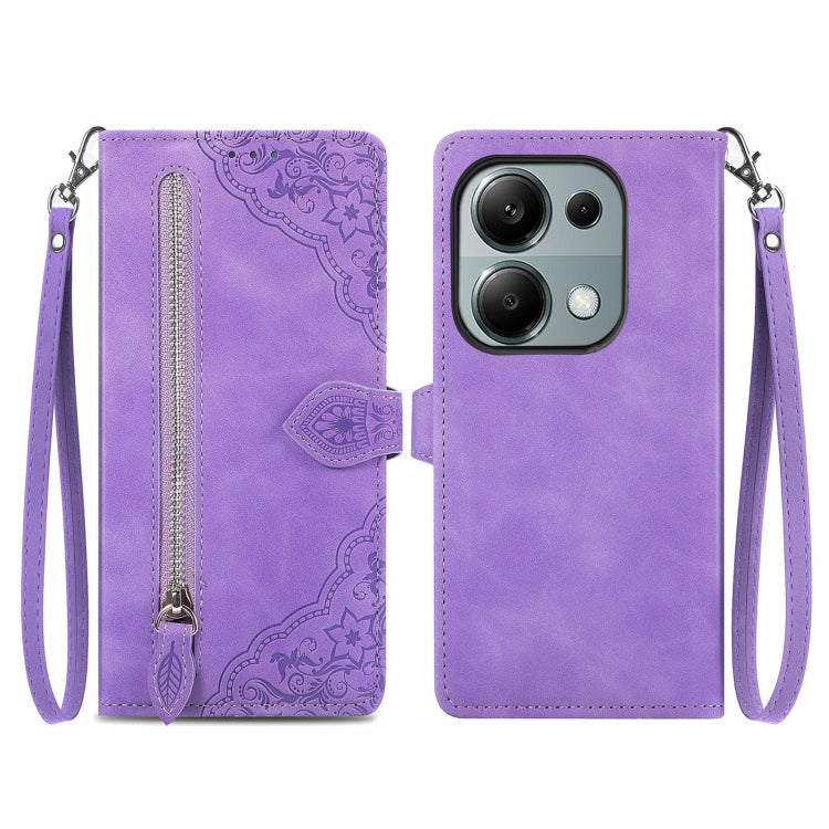 Embossed Flower Zipper Leather Phone Case, For Xiaomi Poco M6 Pro 4G, For Xiaomi Redmi Note 13 Pro 4G, For Xiaomi Redmi A3, For Xiaomi Redmi Note 13 4G, For Xiaomi Redmi 13C 5G, For Xiaomi Redmi K70E, For Xiaomi Poco X6 Pro, For Xiaomi  14 Ultra       ...