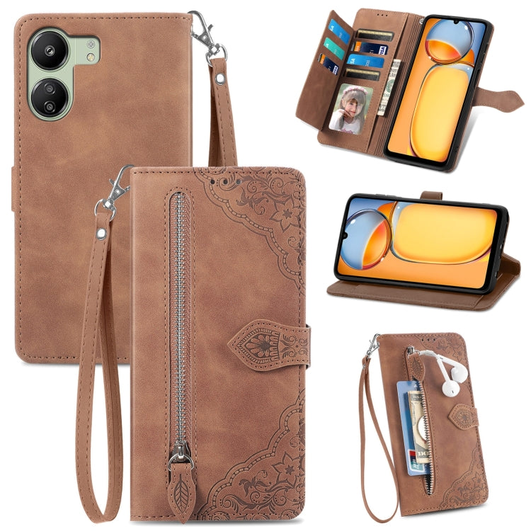 Embossed Flower Zipper Leather Phone Case, For Xiaomi Poco M6 Pro 4G, For Xiaomi Redmi Note 13 Pro 4G, For Xiaomi Redmi A3, For Xiaomi Redmi Note 13 4G, For Xiaomi Redmi 13C 5G, For Xiaomi Redmi K70E, For Xiaomi Poco X6 Pro, For Xiaomi  14 Ultra       ...