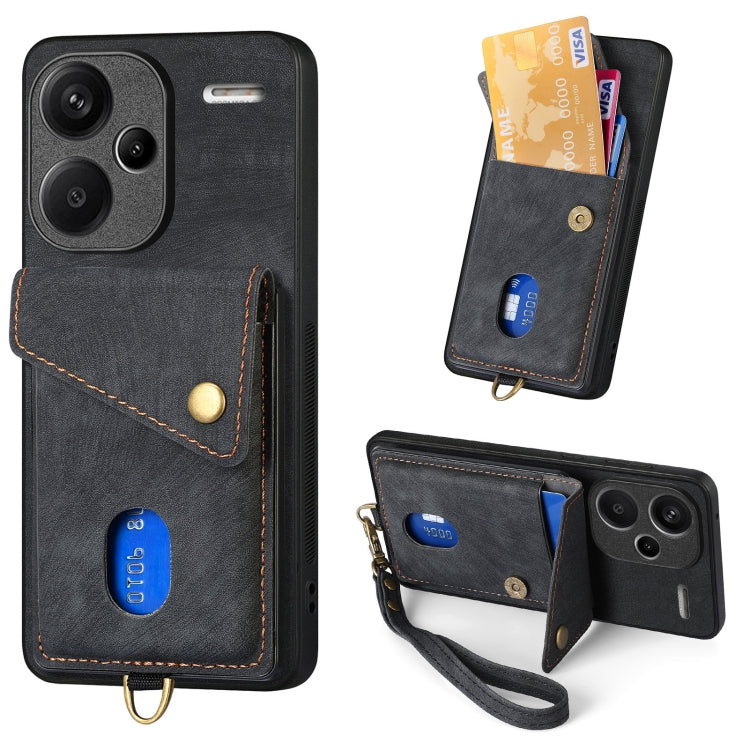 Retro Card Wallet Fold Leather Phone Case with Strap, For Xiaomi 14 Pro, For Xiaomi 14, For Xiaomi Redmi Note 13 5G, For Xiaomi Redmi Note 13 Pro+, For Xiaomi Redmi Note 13 Pro 5G, For Xiaomi 13T / 13T Pro
