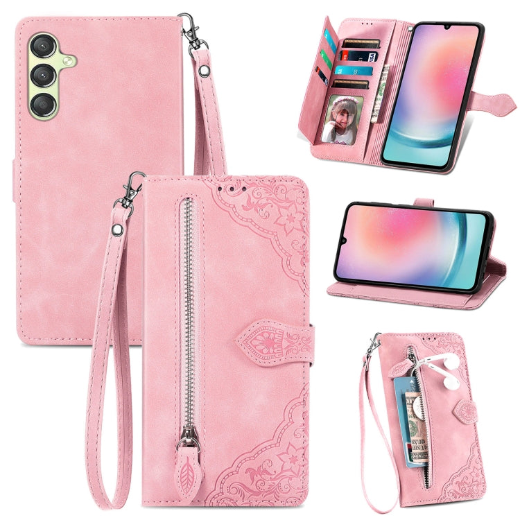 Embossed Flower Zipper Leather Phone Case, For Samsung Galaxy C55, For Samsung Galaxy M55, For Samsung Galaxy A25 5G