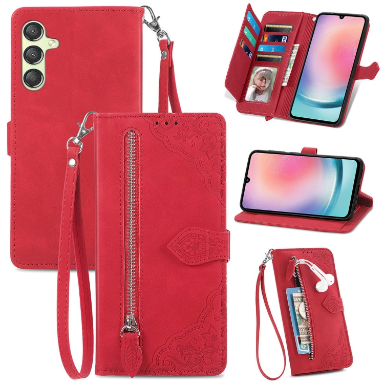 Embossed Flower Zipper Leather Phone Case, For Samsung Galaxy C55, For Samsung Galaxy M55, For Samsung Galaxy A25 5G