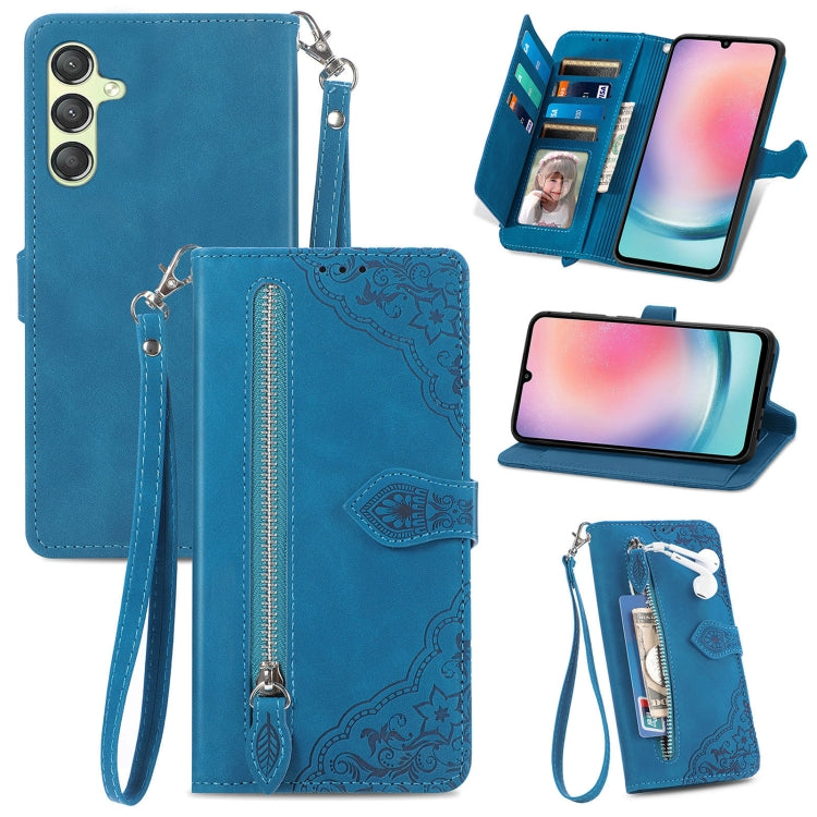 Embossed Flower Zipper Leather Phone Case, For Samsung Galaxy C55, For Samsung Galaxy M55, For Samsung Galaxy A25 5G