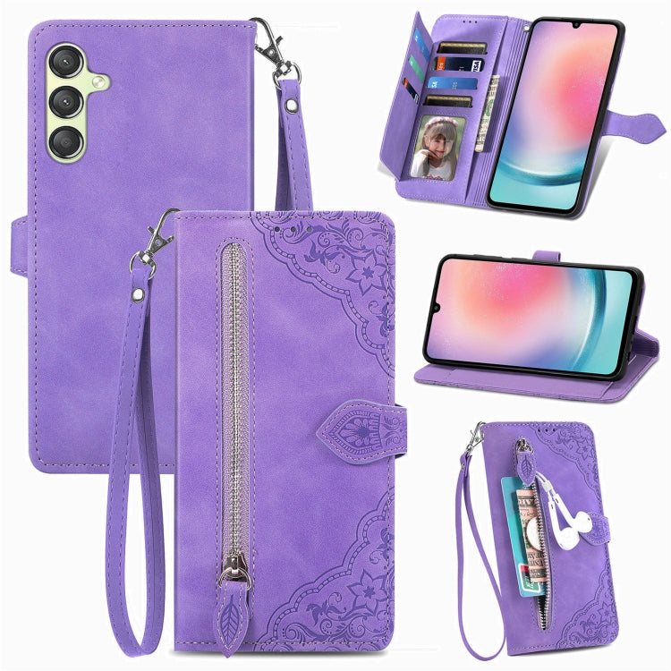 Embossed Flower Zipper Leather Phone Case, For Samsung Galaxy C55, For Samsung Galaxy M55, For Samsung Galaxy A25 5G