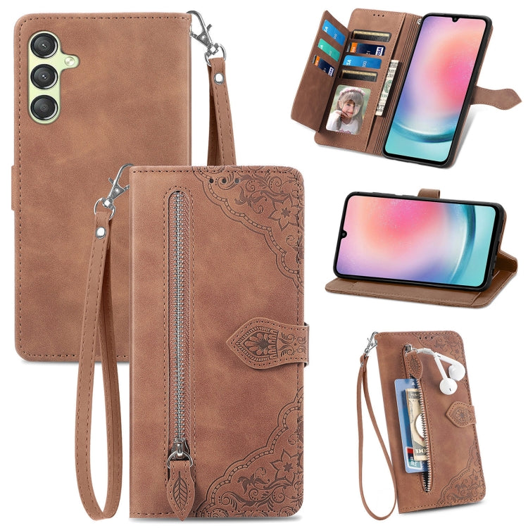 Embossed Flower Zipper Leather Phone Case, For Samsung Galaxy C55, For Samsung Galaxy M55, For Samsung Galaxy A25 5G