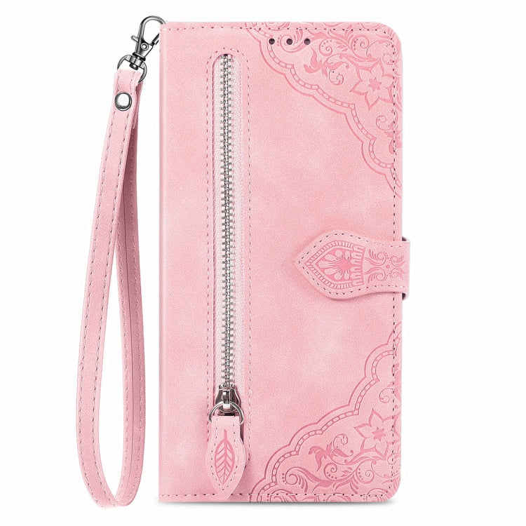 Embossed Flower Zipper Leather Phone Case, For Samsung Galaxy C55, For Samsung Galaxy M55, For Samsung Galaxy A25 5G