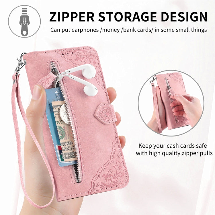 Embossed Flower Zipper Leather Phone Case, For Samsung Galaxy C55, For Samsung Galaxy M55, For Samsung Galaxy A25 5G