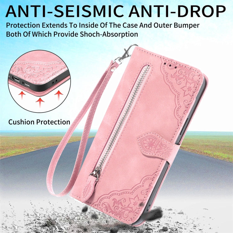 Embossed Flower Zipper Leather Phone Case, For Samsung Galaxy C55, For Samsung Galaxy M55, For Samsung Galaxy A25 5G