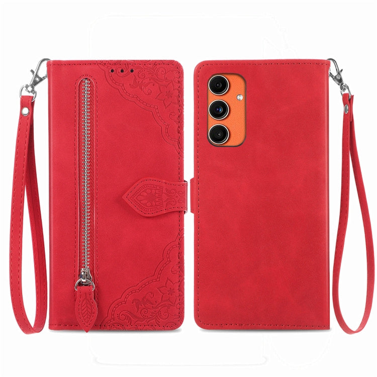 Embossed Flower Zipper Leather Phone Case, For Samsung Galaxy C55, For Samsung Galaxy M55, For Samsung Galaxy A25 5G