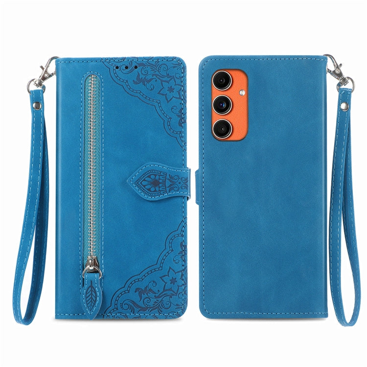 Embossed Flower Zipper Leather Phone Case, For Samsung Galaxy C55, For Samsung Galaxy M55, For Samsung Galaxy A25 5G