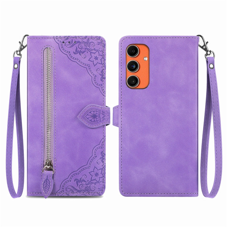 Embossed Flower Zipper Leather Phone Case, For Samsung Galaxy C55, For Samsung Galaxy M55, For Samsung Galaxy A25 5G