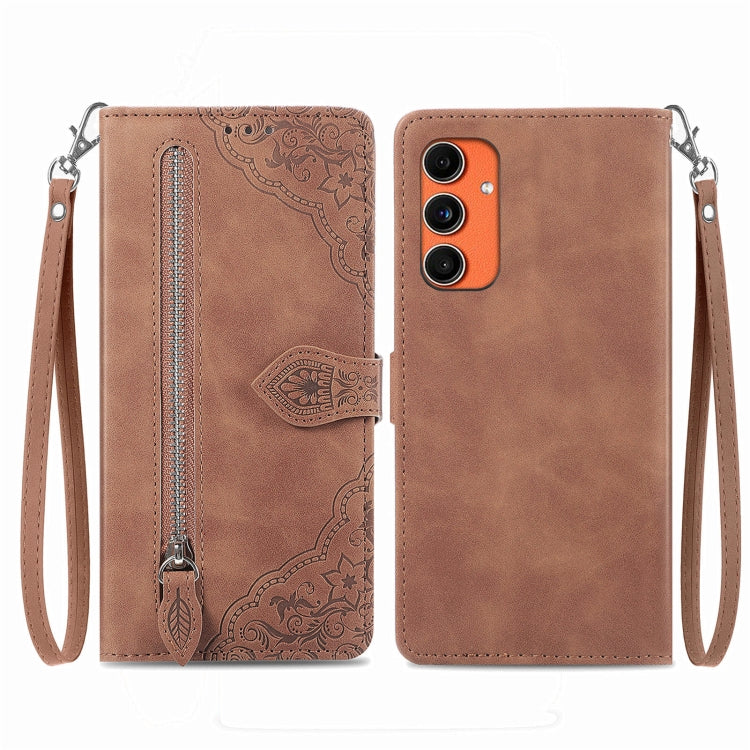 Embossed Flower Zipper Leather Phone Case, For Samsung Galaxy C55, For Samsung Galaxy M55, For Samsung Galaxy A25 5G