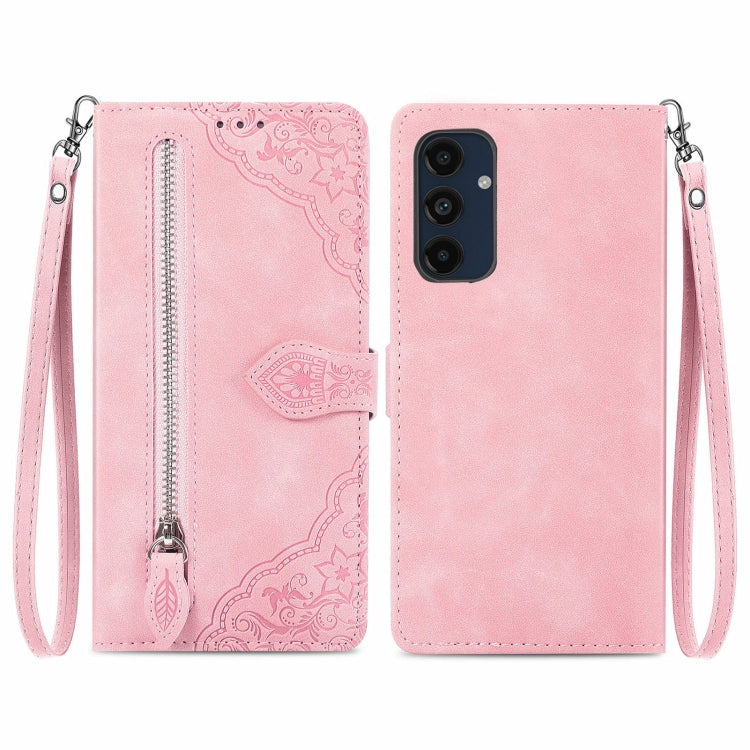 Embossed Flower Zipper Leather Phone Case, For Samsung Galaxy C55, For Samsung Galaxy M55, For Samsung Galaxy A25 5G