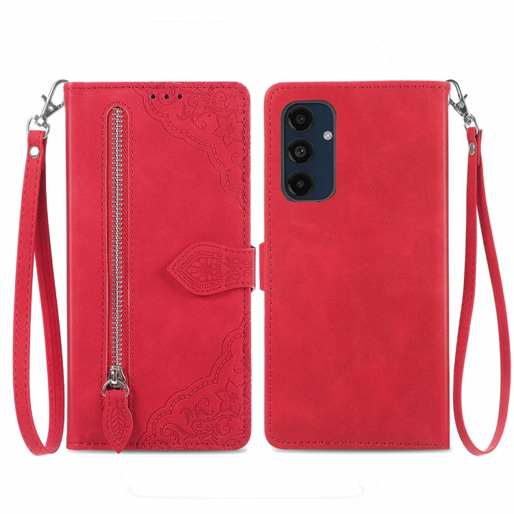 Embossed Flower Zipper Leather Phone Case, For Samsung Galaxy C55, For Samsung Galaxy M55, For Samsung Galaxy A25 5G