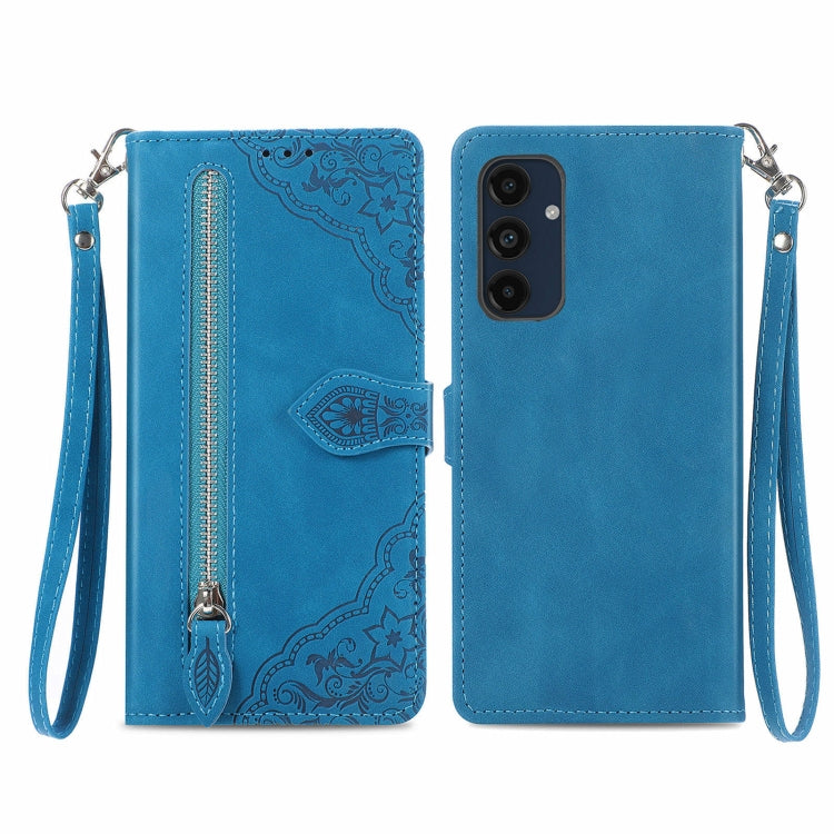 Embossed Flower Zipper Leather Phone Case, For Samsung Galaxy C55, For Samsung Galaxy M55, For Samsung Galaxy A25 5G