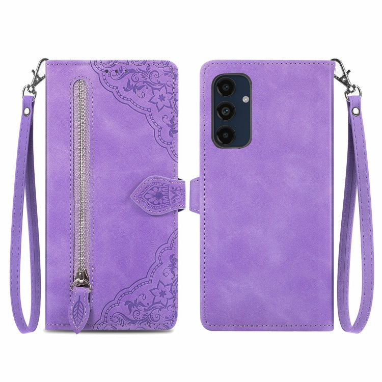 Embossed Flower Zipper Leather Phone Case, For Samsung Galaxy C55, For Samsung Galaxy M55, For Samsung Galaxy A25 5G