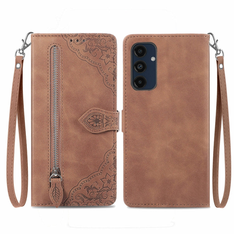 Embossed Flower Zipper Leather Phone Case, For Samsung Galaxy C55, For Samsung Galaxy M55, For Samsung Galaxy A25 5G