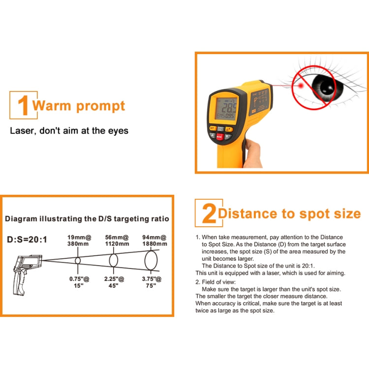 GM1150A 50:1 Infrared Thermometer -18~1150 Degrees Celsius LCD Digital Temperature Meter Industrial Pyrometer 0.1~1EM Adjustable, GM1150A Yellow