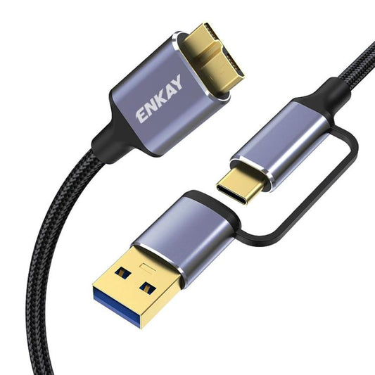 ENKAY 2 in 1 USB 3.0 / Type-C to USB 3.0 Micro-B 5Gbps Data Camera Hard Drive Cable, 0.5m, 1m, 1.5m, 0.25m