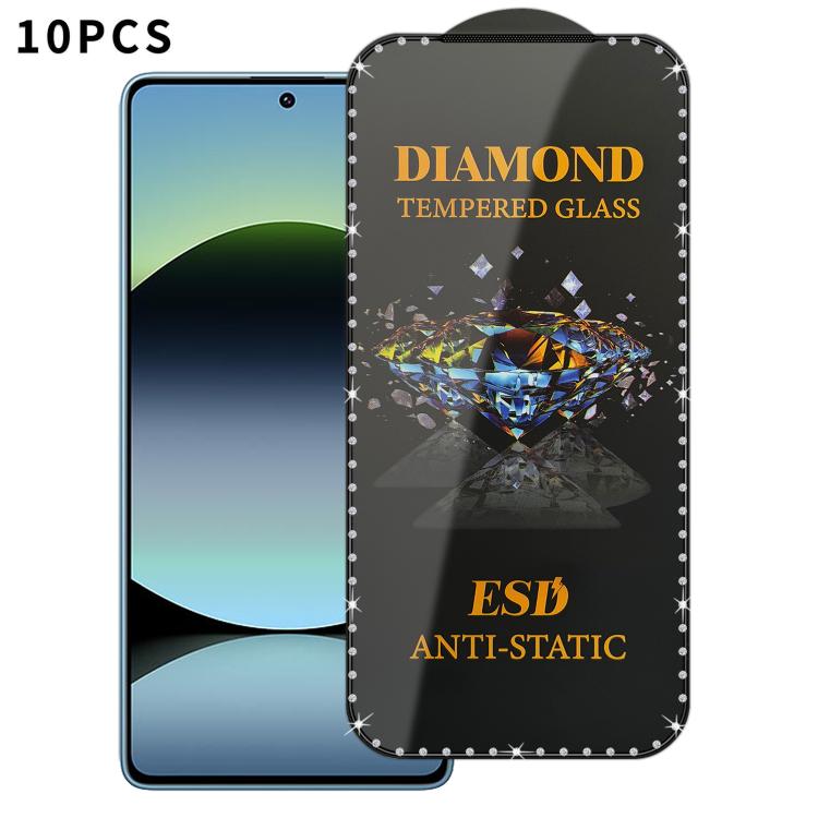 10pcs Full-Screen Diamond-Studded Silkscreen High-Definition Anti-Static Tempered Glass Film, For Redmi A5 4G 171.7mm, For Redmi Note 14S 4G, For Redmi 14C 5G, For Redmi Note 14 5G, For Redmi 14R, For Redmi 13R, For Redmi 13C 5G, For Redmi Note 13     ...