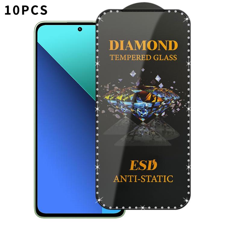 10pcs Full-Screen Diamond-Studded Silkscreen High-Definition Anti-Static Tempered Glass Film, For Redmi A5 4G 171.7mm, For Redmi Note 14S 4G, For Redmi 14C 5G, For Redmi Note 14 5G, For Redmi 14R, For Redmi 13R, For Redmi 13C 5G, For Redmi Note 13     ...