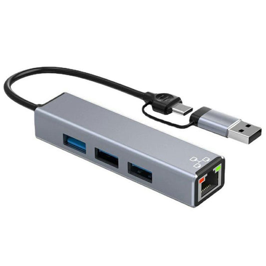 HC-78 USB-C / USB-A to USB3.0 / 2.0 RJ45 Network Card Splitter 4 in 1 Hub Ethernet Adapter, HC-78