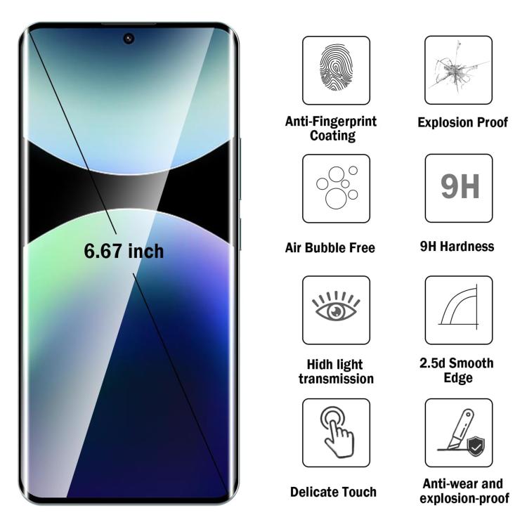 25pcs High-Aluminum Full-Coverage Anti-Fingerprint Screen-Printed HD Curved Tempered Glass Film, For Redmi Note 15 4G / 5G Global 164mm, For Redmi Note 15 Pro+ Global 163.3mm, For Xiaomi 15S Pro, For Xiaomi Poco X7, For Xiaomi 15 Ultra, For Xiaomi 15 P...