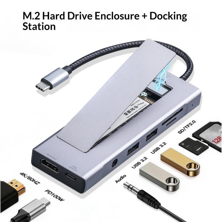 2605 4K HD M.2 NVMe Enclosure USB 3.2 Hub 8 in 1 Type-C Docking Station Card Reader, 2605