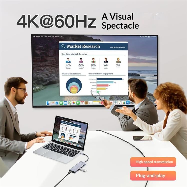 2605 4K HD M.2 NVMe Enclosure USB 3.2 Hub 8 in 1 Type-C Docking Station Card Reader, 2605