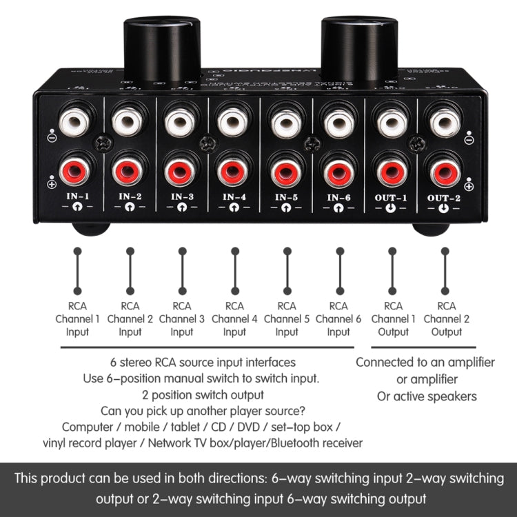 B026 6 Input 2 Output Or 2 Input 6 Output Audio Signal Source Selection Switcher RCA Port