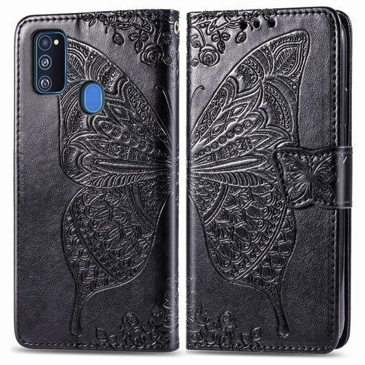 For Galaxy M30s  Butterfly Love Flower Embossed Horizontal Flip Leather Case with Bracket Lanyard Card Slot Wallet, Black, Blue, Gray, Light Purple, Rose Gold, Dark Purple, Pink