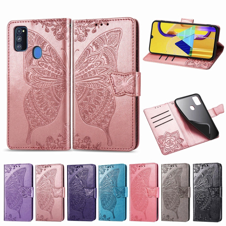 For Galaxy M30s  Butterfly Love Flower Embossed Horizontal Flip Leather Case with Bracket Lanyard Card Slot Wallet, Black, Blue, Gray, Light Purple, Rose Gold, Dark Purple, Pink