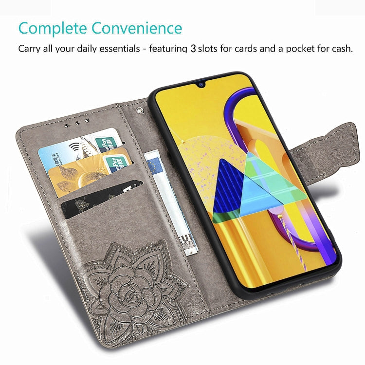 For Galaxy M30s  Butterfly Love Flower Embossed Horizontal Flip Leather Case with Bracket Lanyard Card Slot Wallet, Black, Blue, Gray, Light Purple, Rose Gold, Dark Purple, Pink