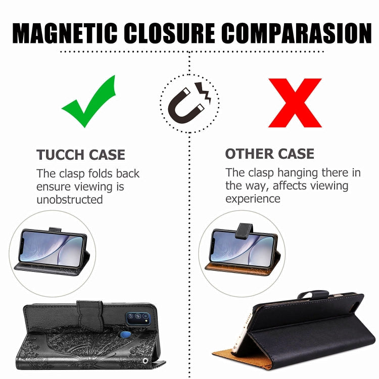 For Galaxy M30s  Butterfly Love Flower Embossed Horizontal Flip Leather Case with Bracket Lanyard Card Slot Wallet, Black, Blue, Gray, Light Purple, Rose Gold, Dark Purple, Pink