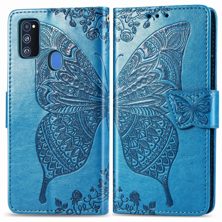 For Galaxy M30s  Butterfly Love Flower Embossed Horizontal Flip Leather Case with Bracket Lanyard Card Slot Wallet, Black, Blue, Gray, Light Purple, Rose Gold, Dark Purple, Pink