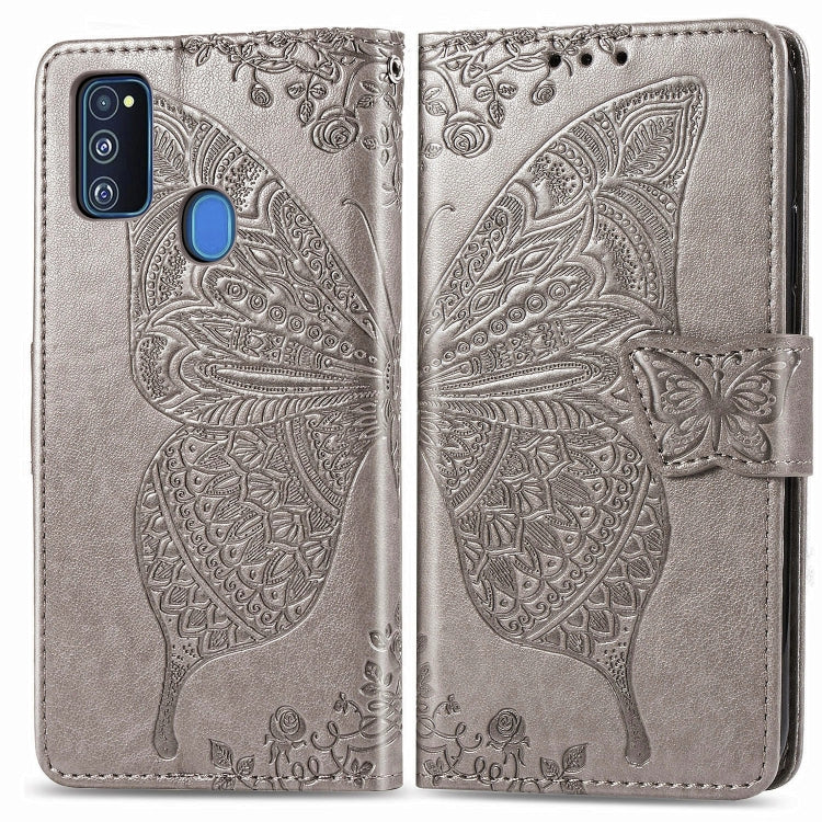 For Galaxy M30s  Butterfly Love Flower Embossed Horizontal Flip Leather Case with Bracket Lanyard Card Slot Wallet, Black, Blue, Gray, Light Purple, Rose Gold, Dark Purple, Pink