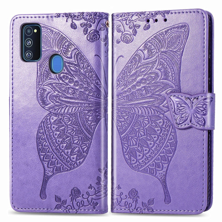 For Galaxy M30s  Butterfly Love Flower Embossed Horizontal Flip Leather Case with Bracket Lanyard Card Slot Wallet, Black, Blue, Gray, Light Purple, Rose Gold, Dark Purple, Pink