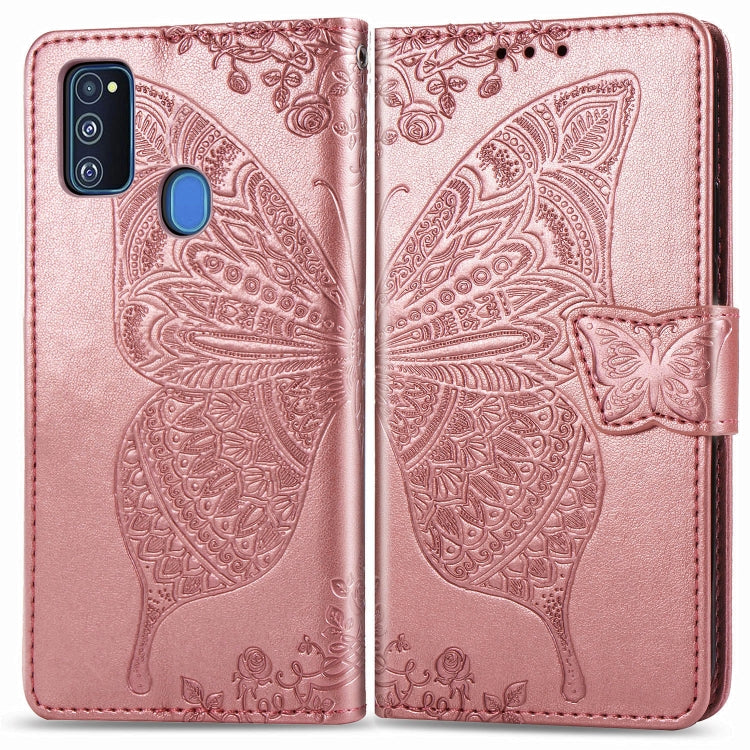 For Galaxy M30s  Butterfly Love Flower Embossed Horizontal Flip Leather Case with Bracket Lanyard Card Slot Wallet, Black, Blue, Gray, Light Purple, Rose Gold, Dark Purple, Pink