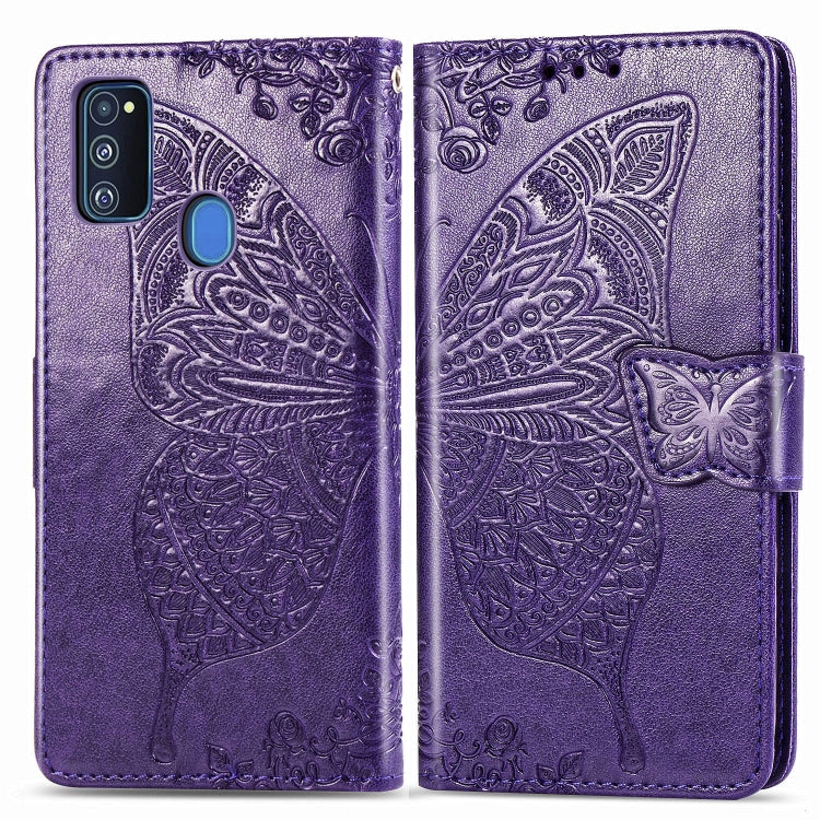 For Galaxy M30s  Butterfly Love Flower Embossed Horizontal Flip Leather Case with Bracket Lanyard Card Slot Wallet, Black, Blue, Gray, Light Purple, Rose Gold, Dark Purple, Pink