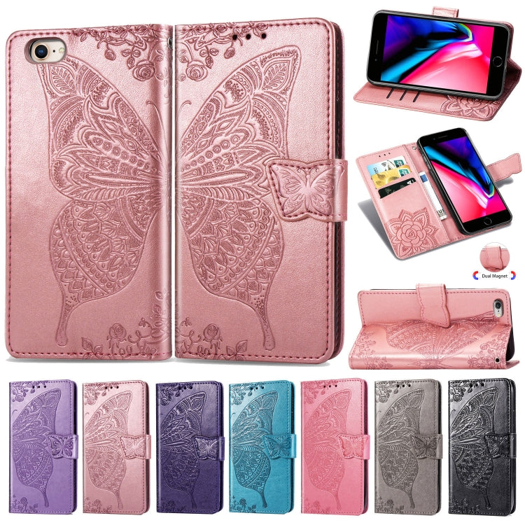 For iPhone SE (2020) Butterfly Love Flower Embossed Horizontal Flip Leather Case with Bracket / Card Slot / Wallet / Lanyard, Black, Blue, Gray, Light Purple, Rose Gold, Dark Purple, Pink