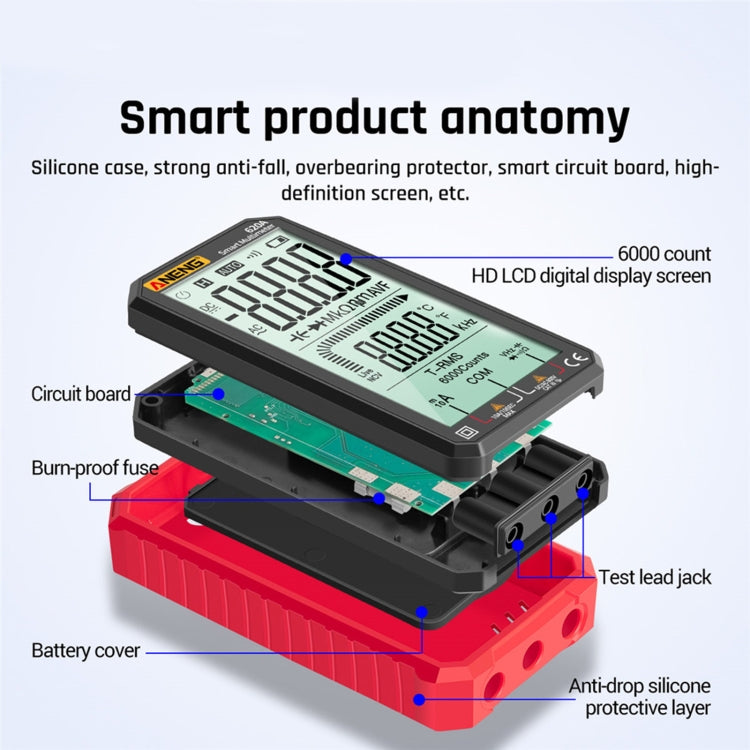 ANENG 620A Full Screen Smart Digital Multimeter, Black, Red