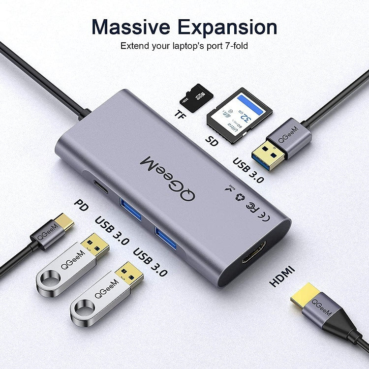 QGeeM 7 In 1 Multifunctional USB3.0 TYPE-C Extension HUB Adapter, QG-UH07-3(7 In 1)