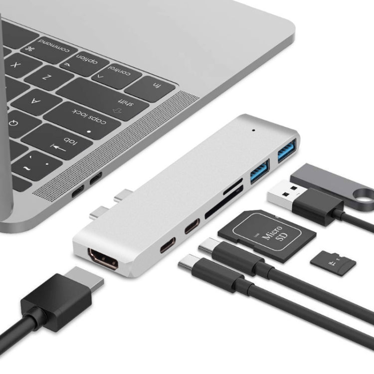 7 In 1 100W USB 3.1 To 20VPD+Card Reader Data+HUB+HDMI 4K Converter, Gray, Silver