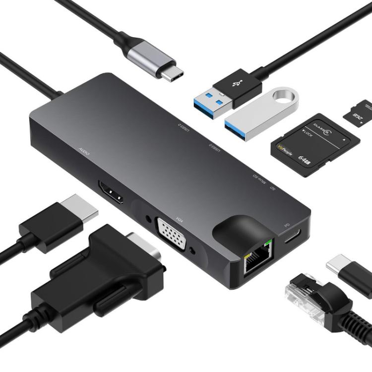 8 In 1 Type-C To HDMI+VAG Gigabit RJ45+USB3.0 Docking Station