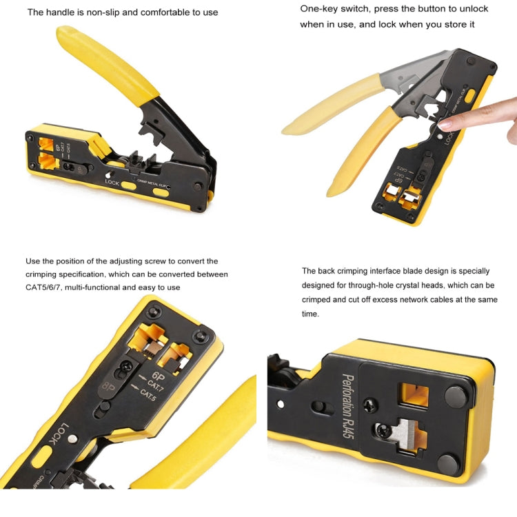 6P8P Seven-type Through-hole Crystal Head  Wire Stripping Tool Network Cable Pliers, Yellow, Black