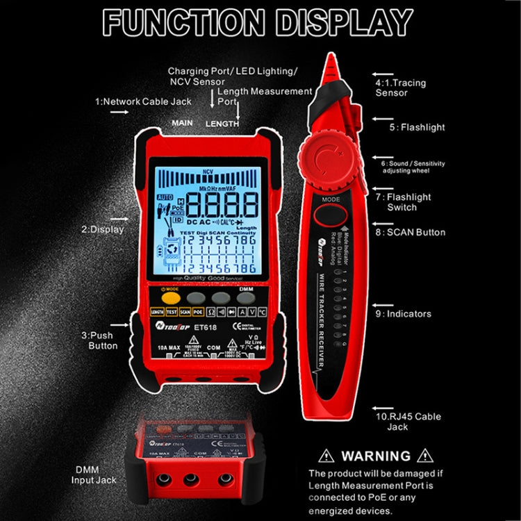 Rechargeable Adjustable Network Cable Tester Wire Tracker POE Cable Tester, ET618 (Red)