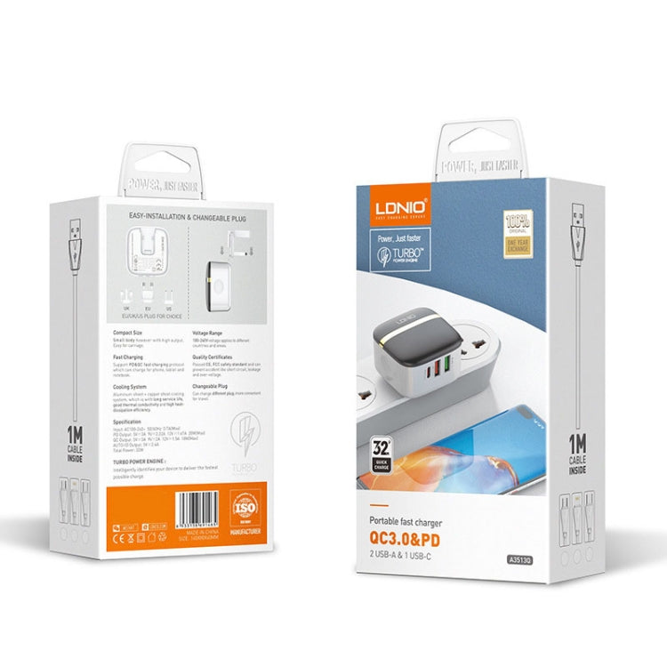 LDNIO A3513Q 32W QC3.0 3 USB Ports Phone Adapter, US Plug with Micro USB Cable, US Plug with 8 Pin Cable, US Plug with Type-C Cable, US Plug with Type-C to 8 Pin Cable, EU Plug with Micro USB Cable, EU Plug with 8 Pin Cable, EU Plug with Type-C Cable  ...