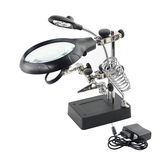 16129-C 2.5X/7.5X/10X LED Lighting Auxiliary Bracket Maintenance Magnifier, EU Plug, US Plug