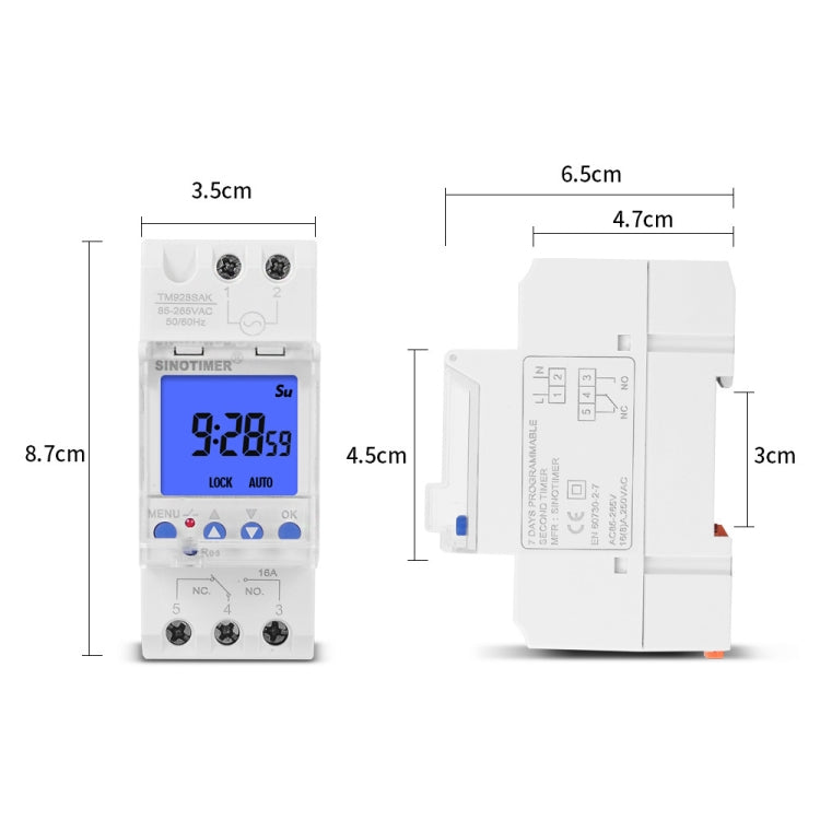 SINOTIMER TM928SAKL 85-265V 16A  1 Second to 168 Hours Programmable Electronic Time Switch, 16A