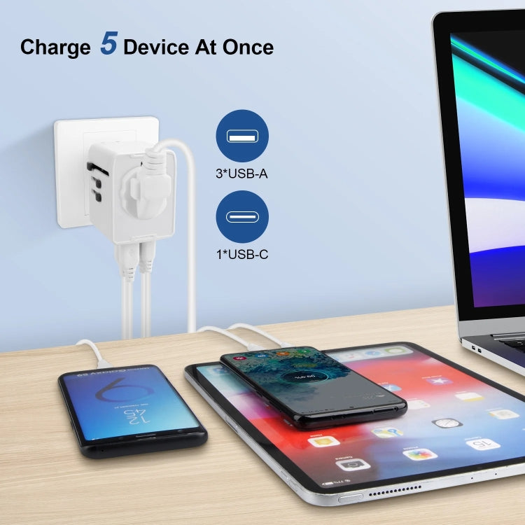 3 x USB & 1 x USB-C / Type-C Travel Plug Adapter International Universal Charging Block, HHT520 Black, HHT520  White