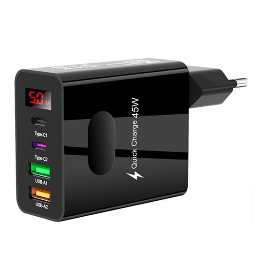 2 USB+2 Type-C Digital Display Mobile Phone Multi-port Charger, EU Plug Black, US Plug Black, UK Plug Black, EU Plug White, US Plug White, UK Plug White